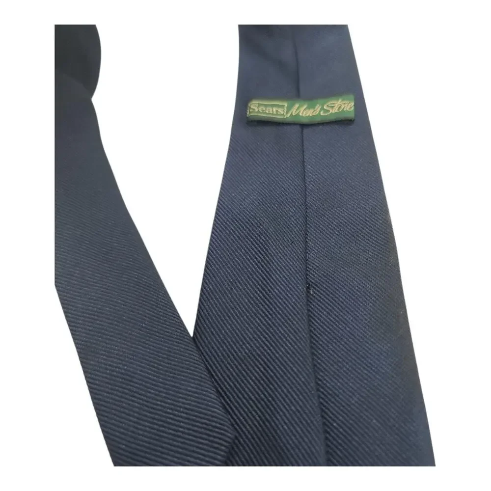 Vintage Sears Men's Store Mens Tie Navy Blue Solid Woven Classic Necktie